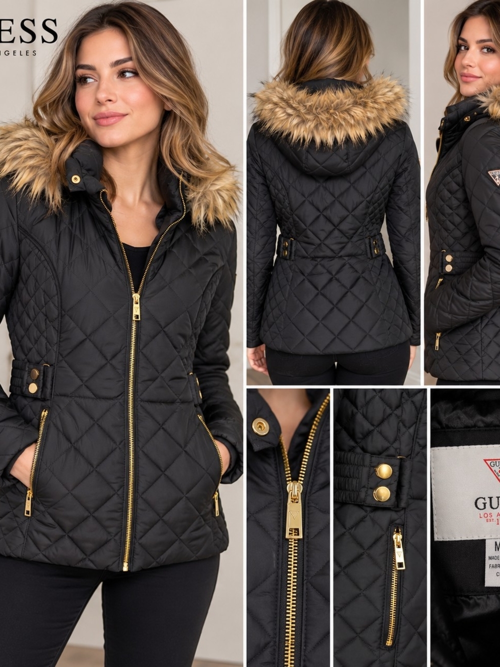 Guess Black Quilted Hooded Puffer with Faux-Fur Trim